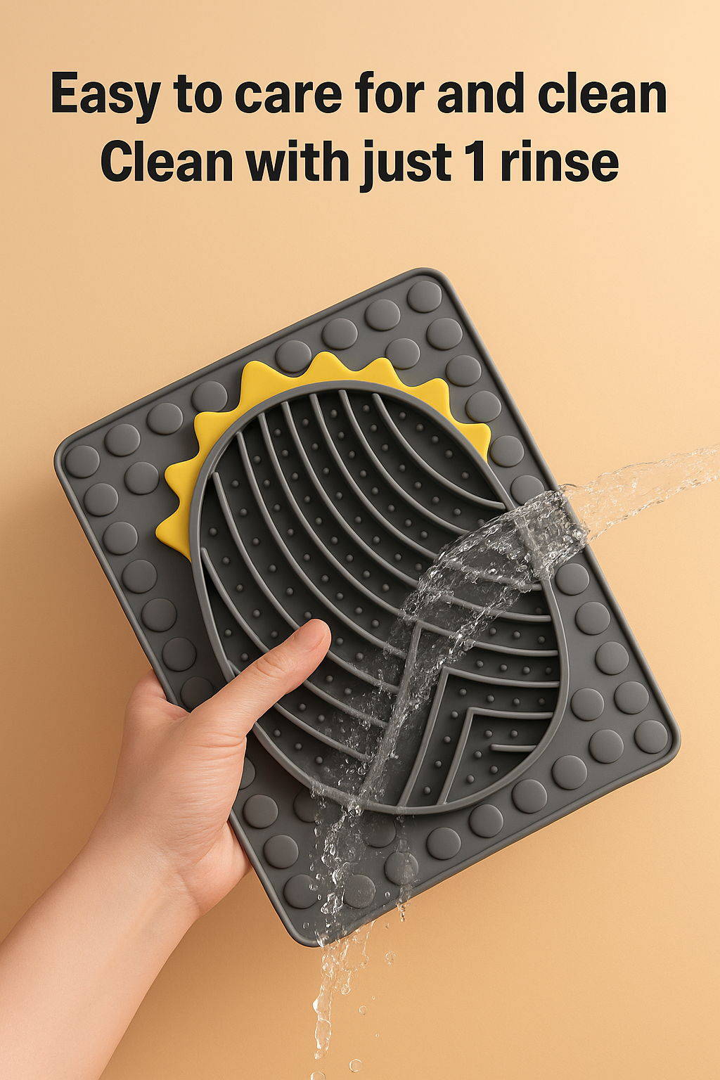 Silicone pet lick mat with a sun design being rinsed off with water, text indicating ease of care and cleaning.