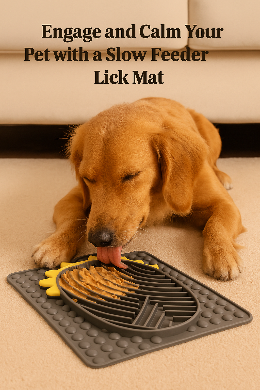 Dog using a slow feeder lick mat with text 'Engage and Calm Your Pet with a Slow Feeder Lick Mat'.