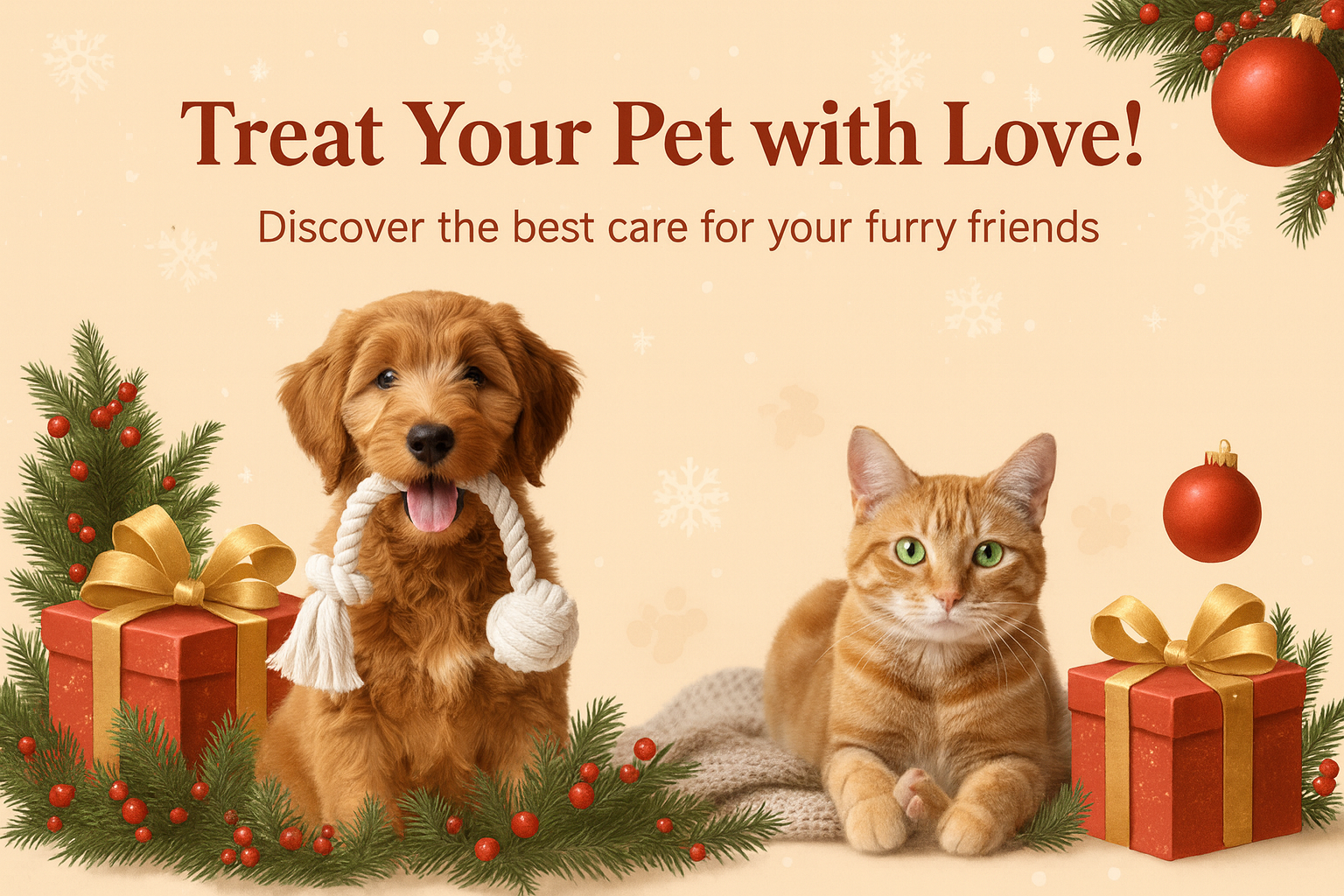 Dog and cat with Christmas decorations and gift boxes on a beige background