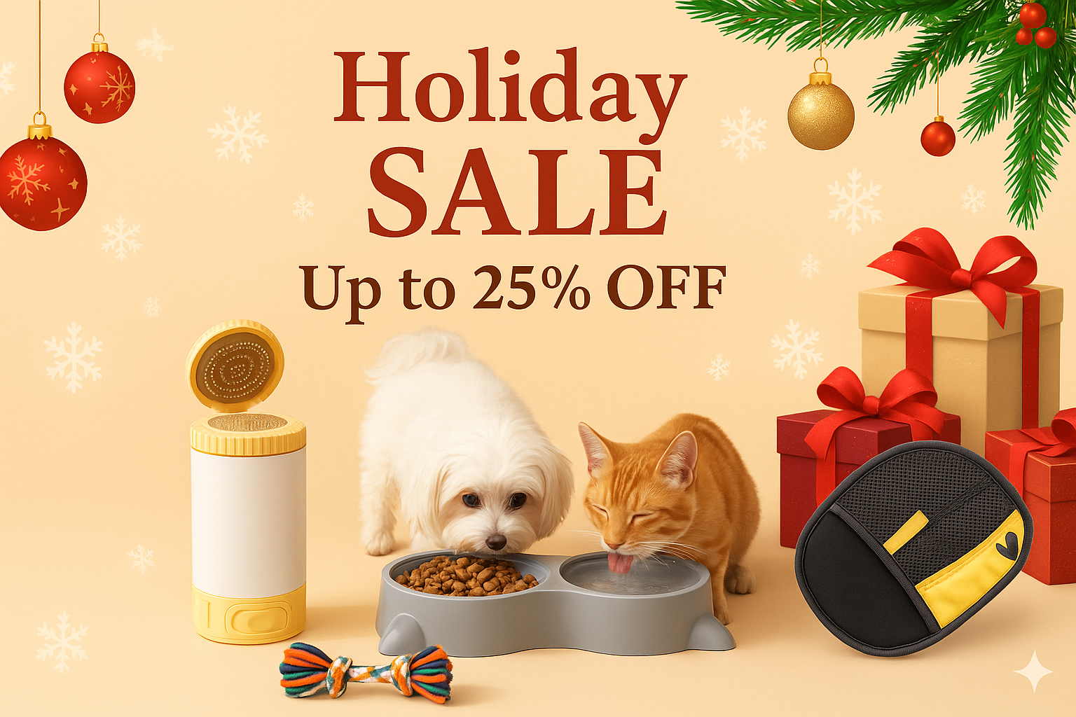 Pet-themed holiday sale advertisement with a dog, cat, and pet products on a beige background.