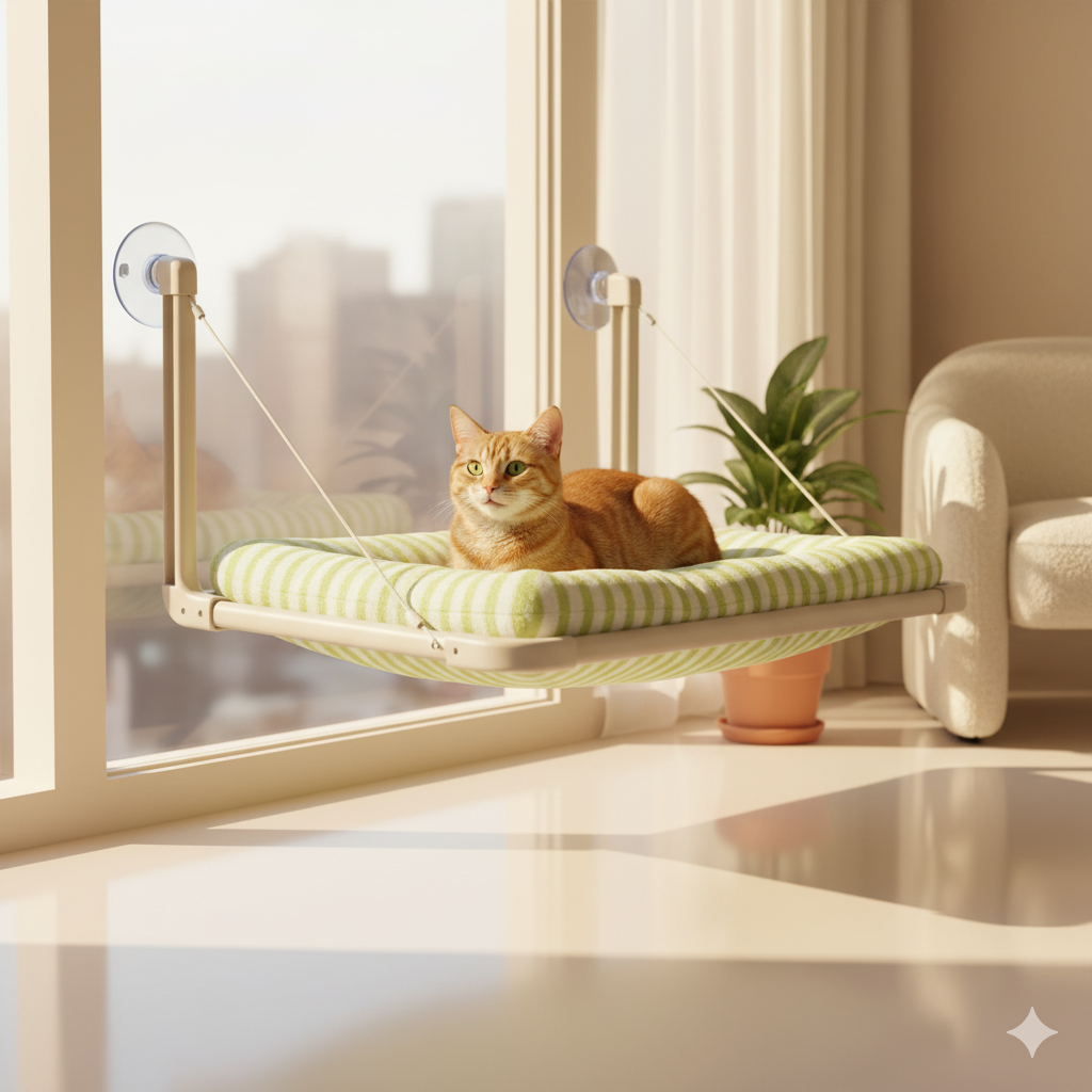 Cat resting on window hammock